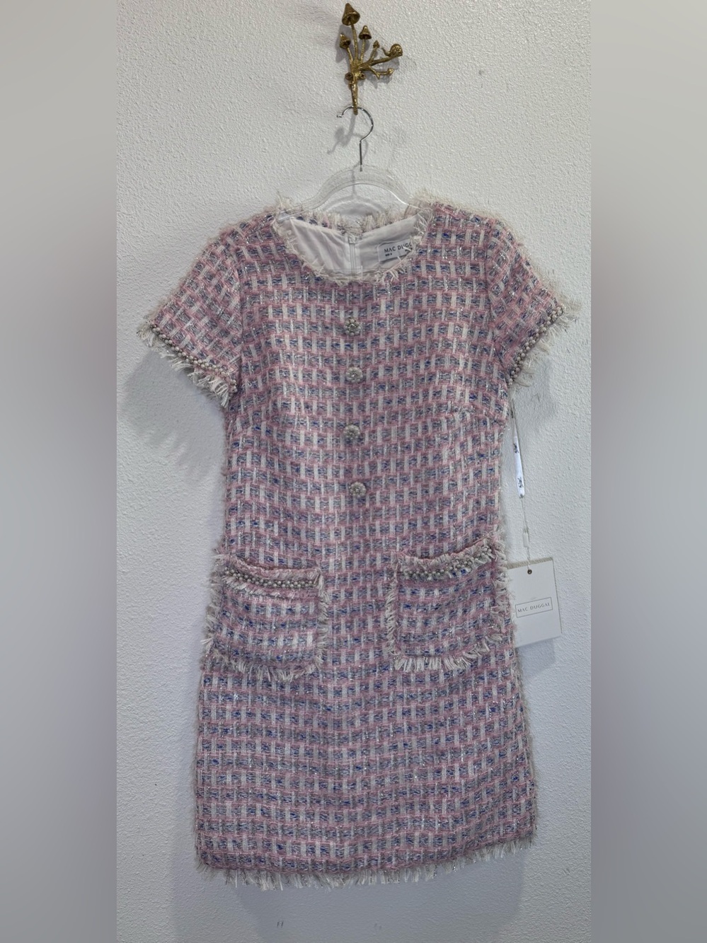 MAC DUGGAL Short Sleeve Semi-Formal Tweed Shift Dress #20805 Pink Multi Sz: S - Picture 3 of 11
